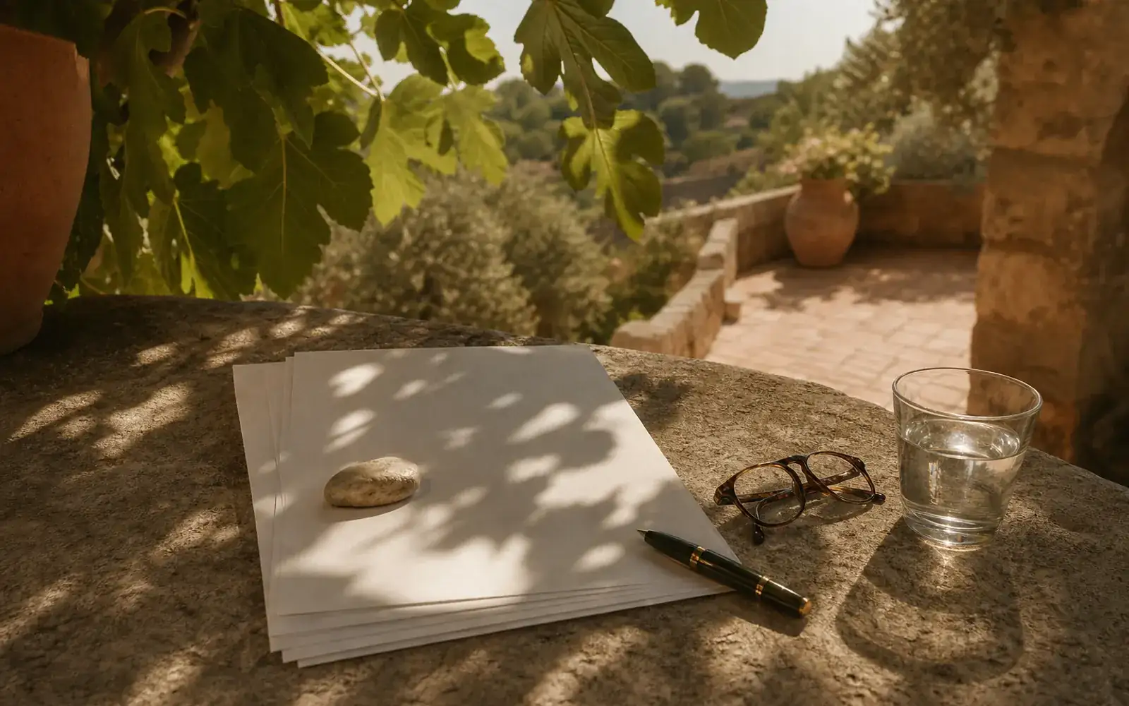 Documents de contrat posés sur une table de terrasse à l'ombre